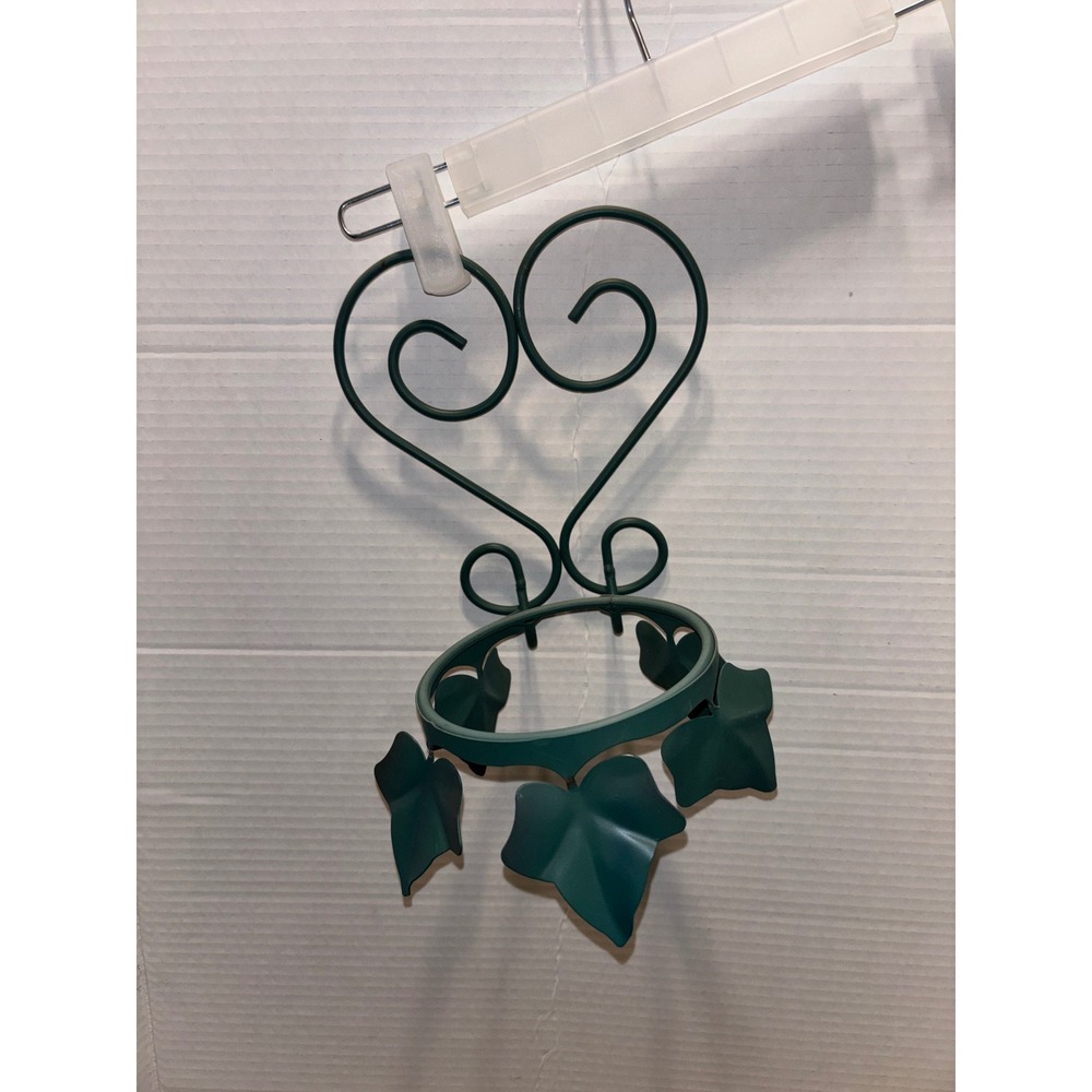 Vintage Teal Wrought Iron Heart Ivy Leaf Plant Stand Candle Holder Scroll Metal